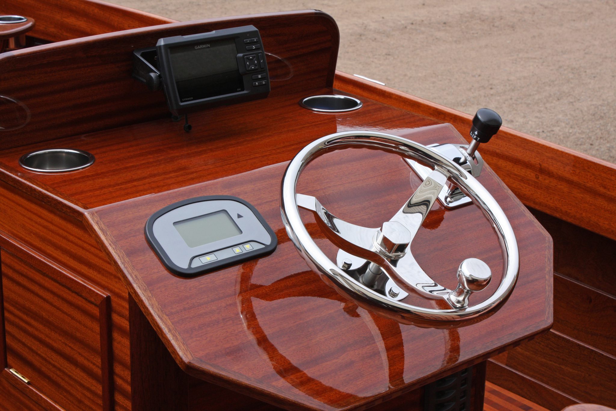 Mahogany console with stainless steering wheel